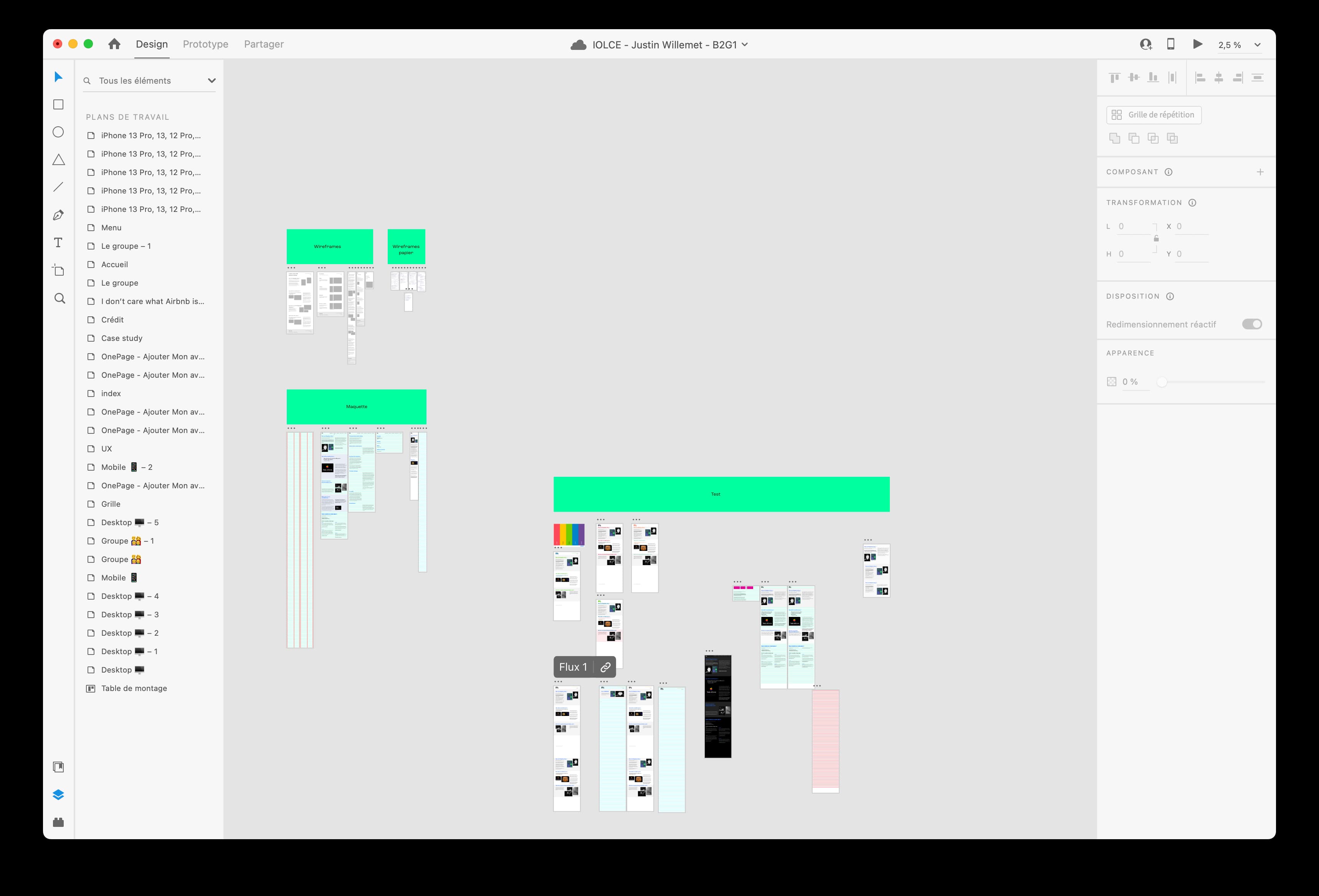 Capture d'écran du plan de travail sur Adobe XD, on peut voir tout les écrans