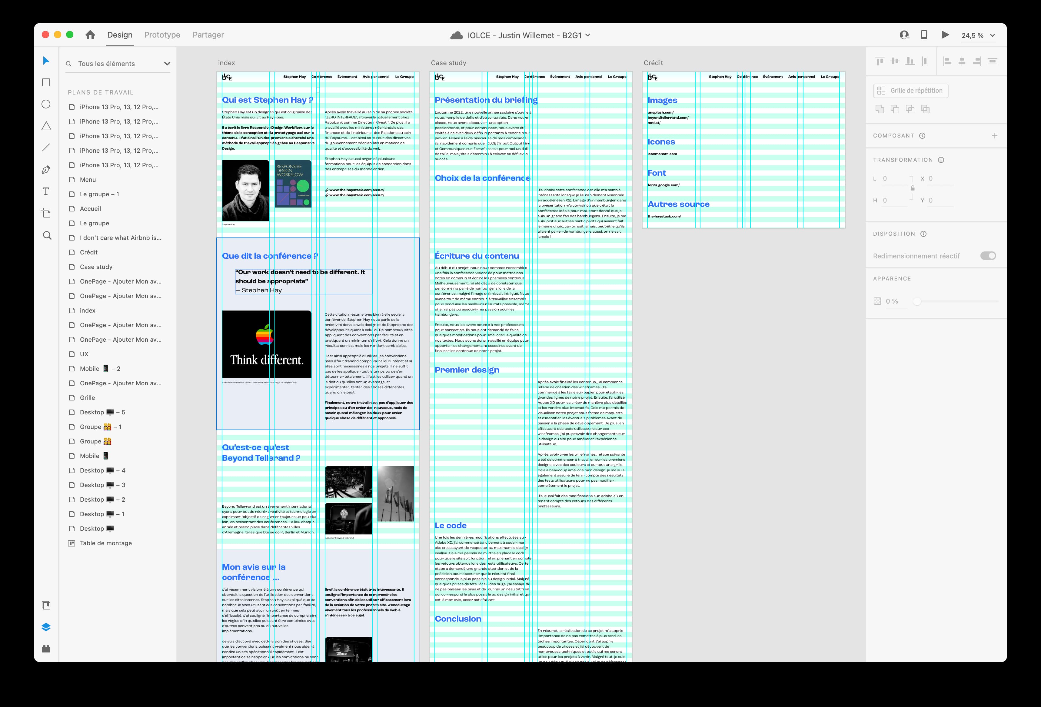 Capture d'écran du plan de travail sur Adobe XD, on peut voir tout les écrans de la maquette