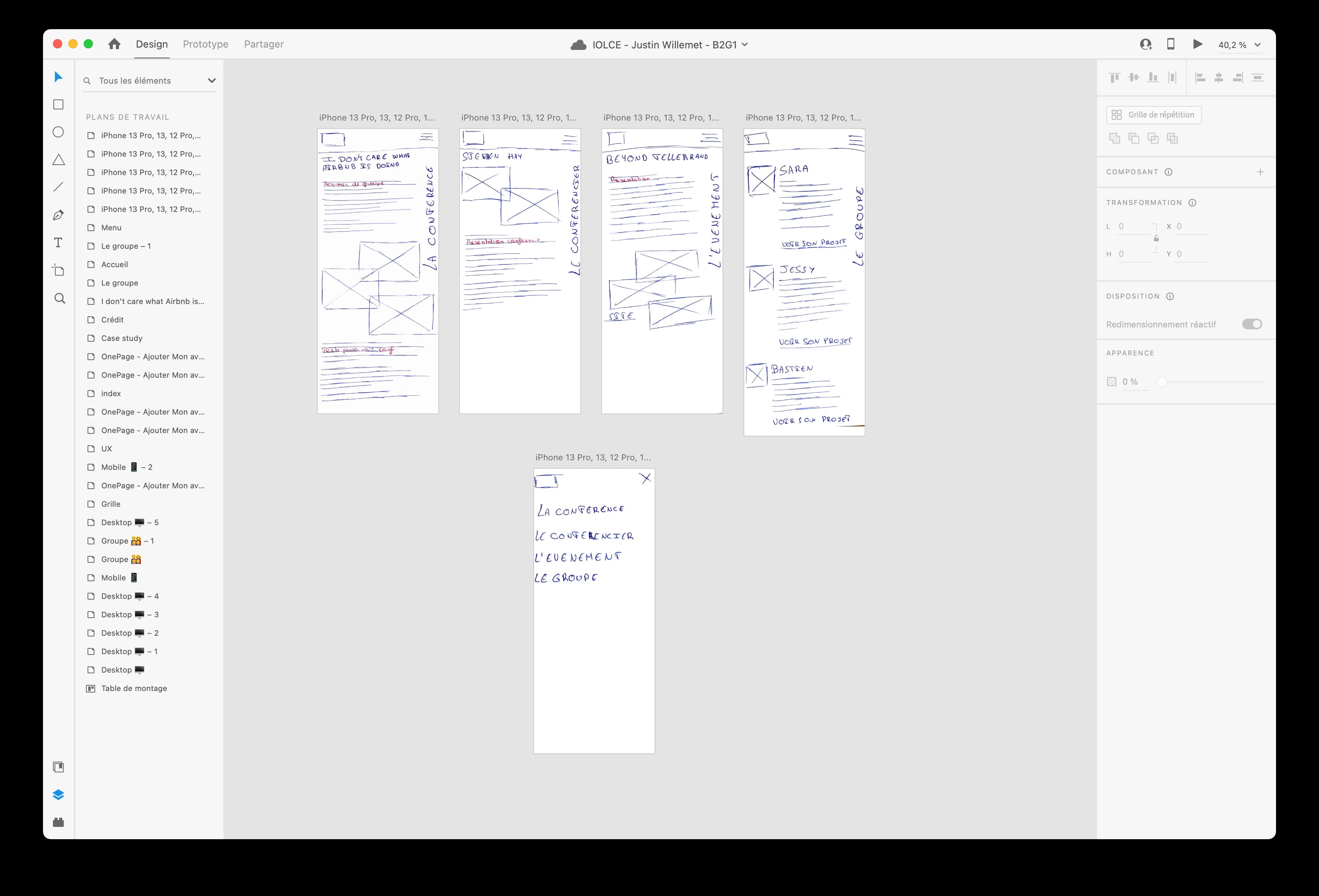 Capture d'écran du plan de travail sur Adobe XD, on peut voir tout les écrans du wireframe papier