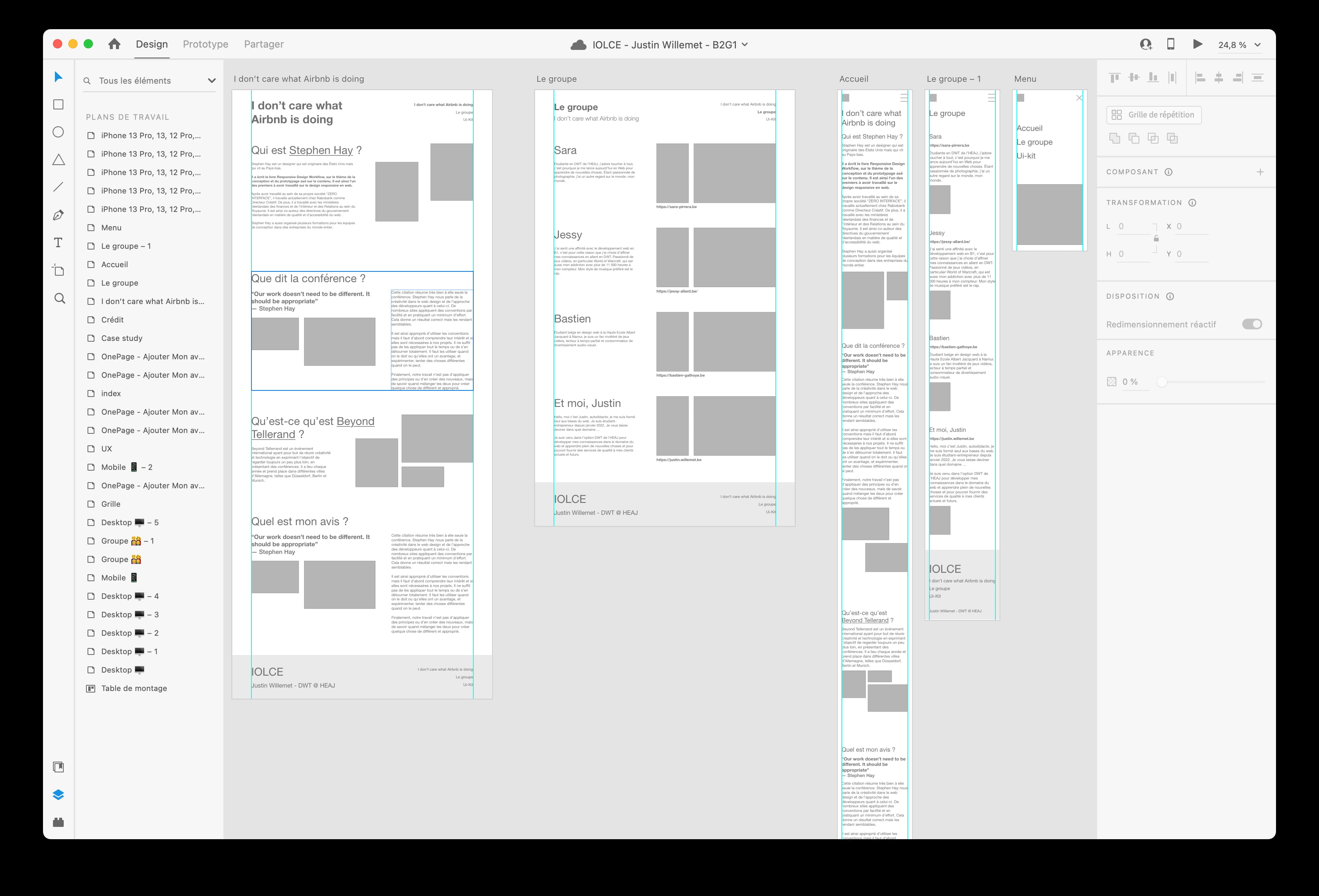 Capture d'écran du plan de travail sur Adobe XD, on peut voir tout les écrans du wirframe