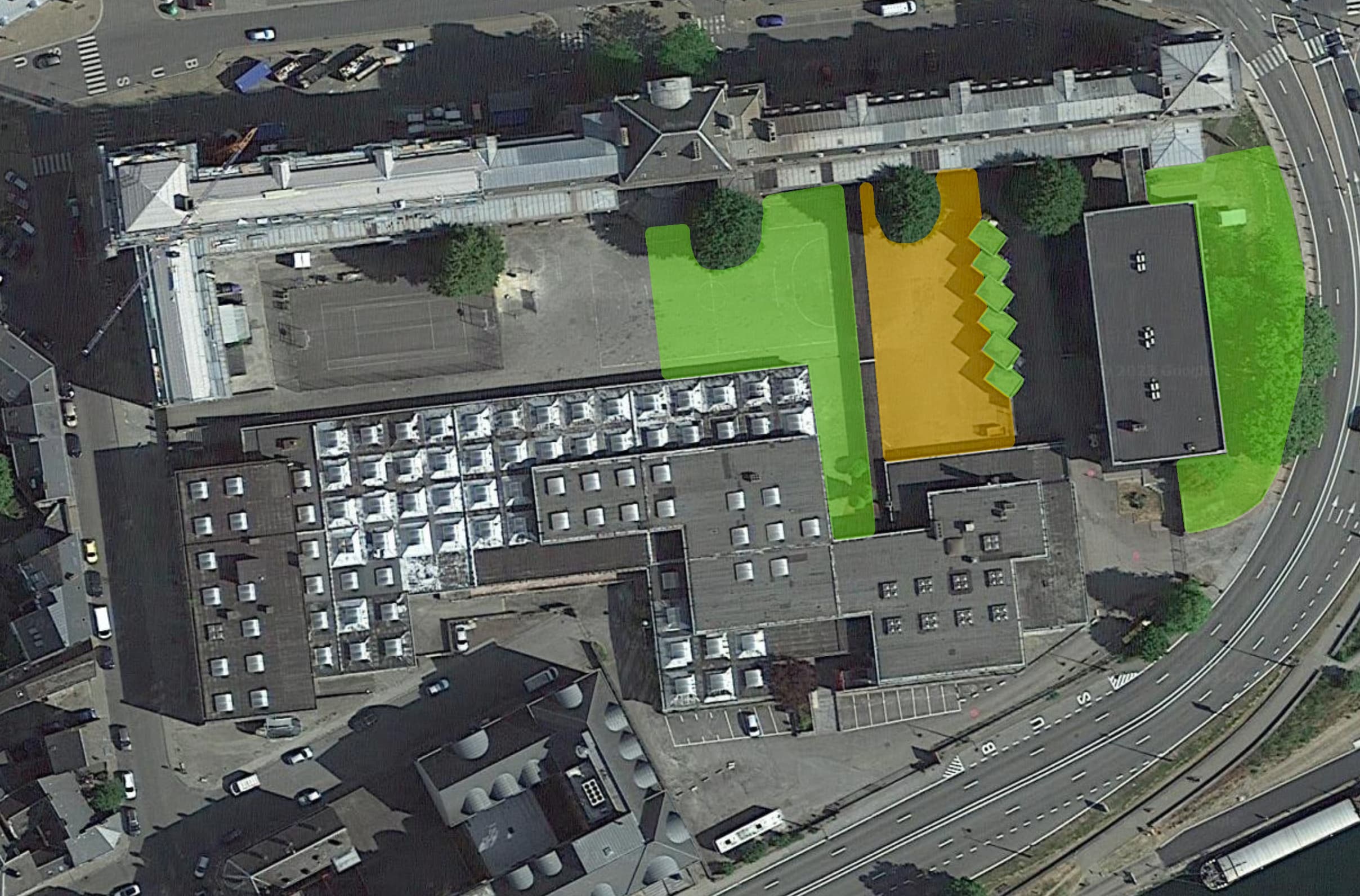 Schéma des différentes zones exploitables pour le projet avec une vue du ciel